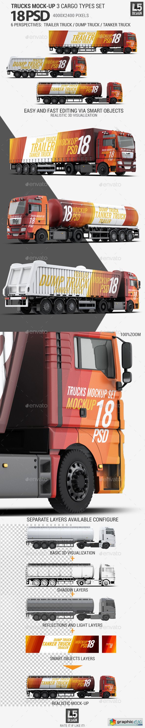 Trucks Mock-up 3 Cargo Types Set