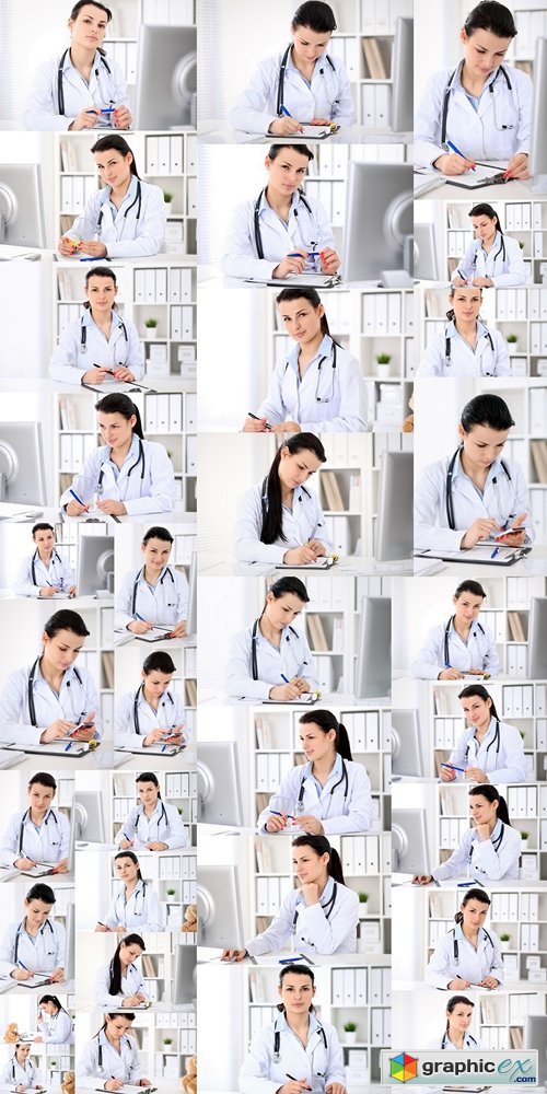 Young brunette female doctor sitting with clipboard near window in hospital and filling up medical history form