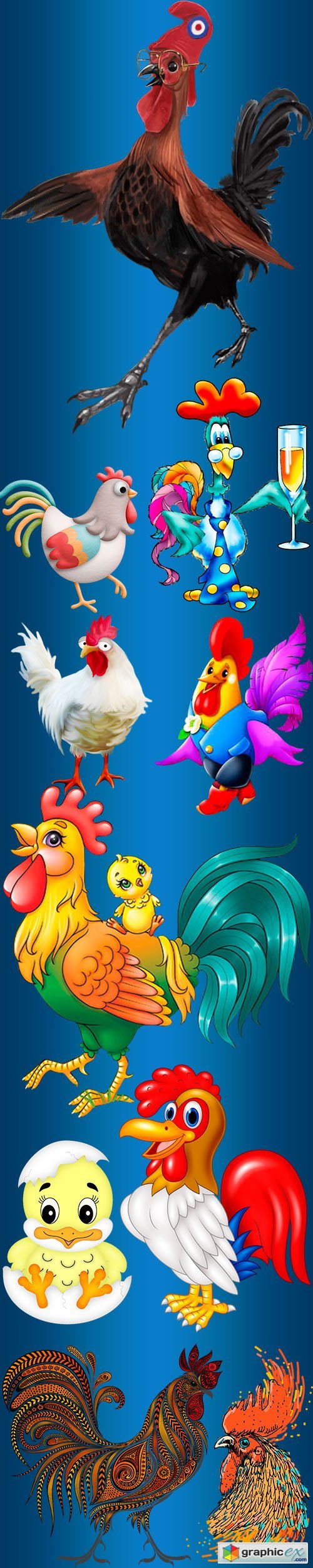 Clipart - Funny hens, cocks and chickens