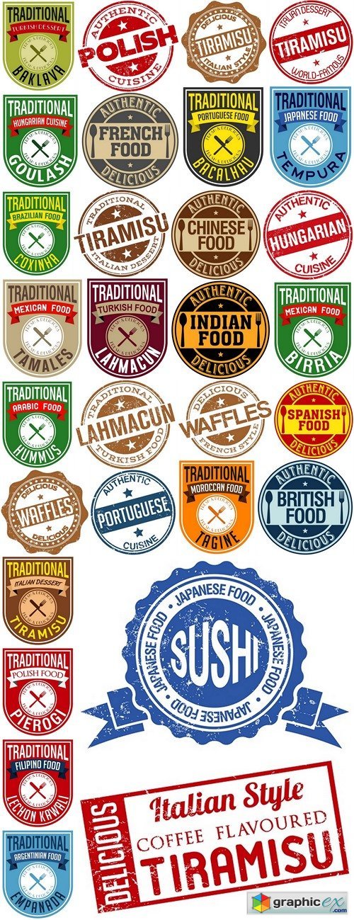 Stamps, labels, logos and traditional dishes of the world cuisine 3