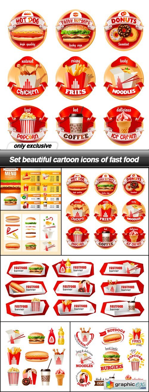 Set beautiful cartoon icons of fast food - 6 EPS
