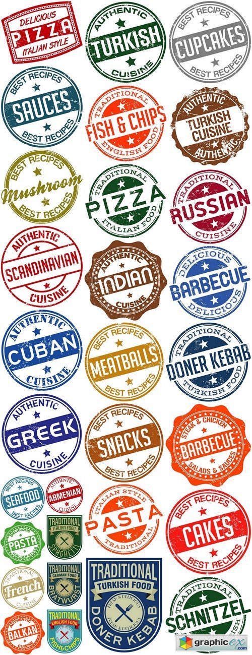 Stamps, labels, logos and traditional dishes of the world cuisine 2