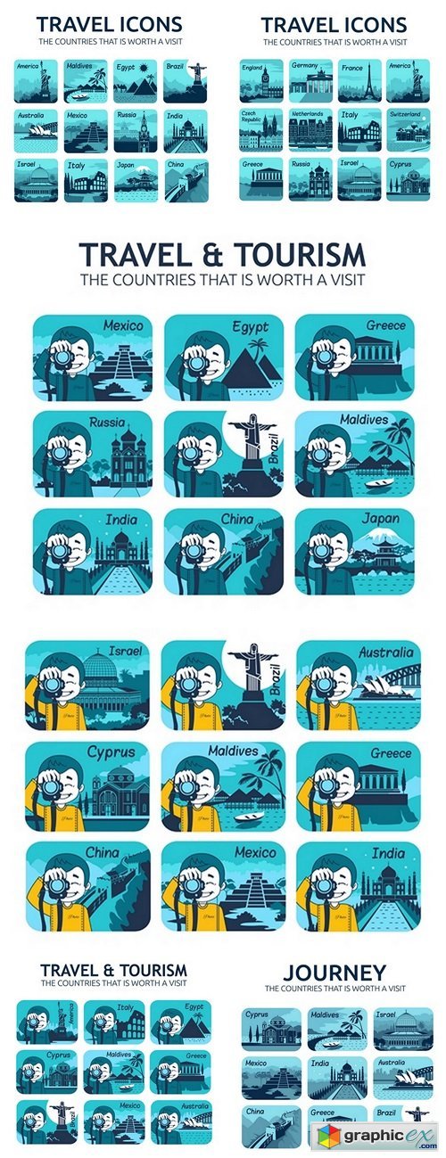 Set of flat travel icons with different countries