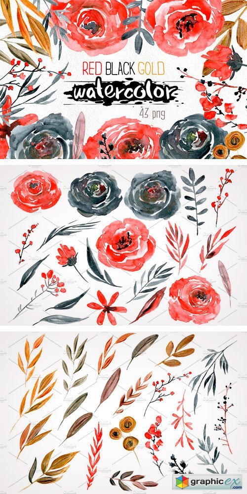 Watercolor Red Black Gold Flowers