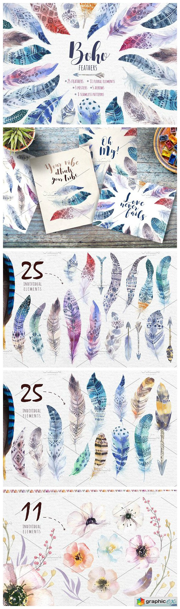 Bohemian watercolor feathers. Tribe