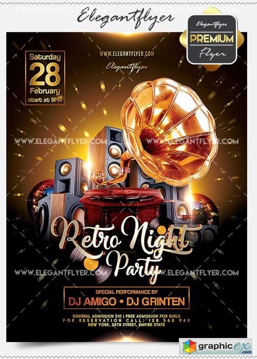Retro Night Party Flyer PSD V13 Template + Facebook Cover
