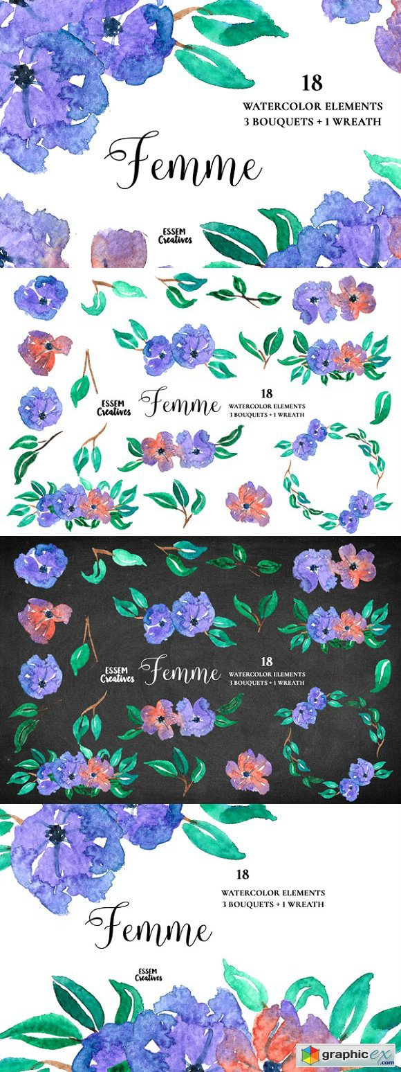 Purple Watercolor Florals Clipart