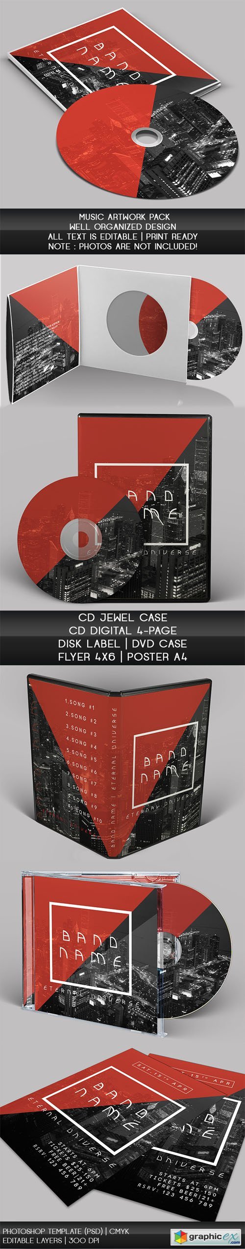 Music Artwork PSD Templates Pack (CD, CD/DVD Case, Disk Label, Flyer & Poster)