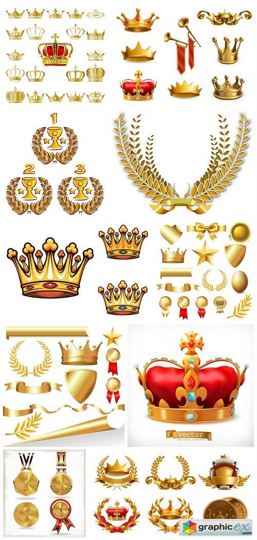 Big Golden Collection, Crown 3d vector icon set 10X EPS