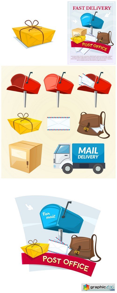 Illustration with mailbox, letters fast delivery poster 4X EPS