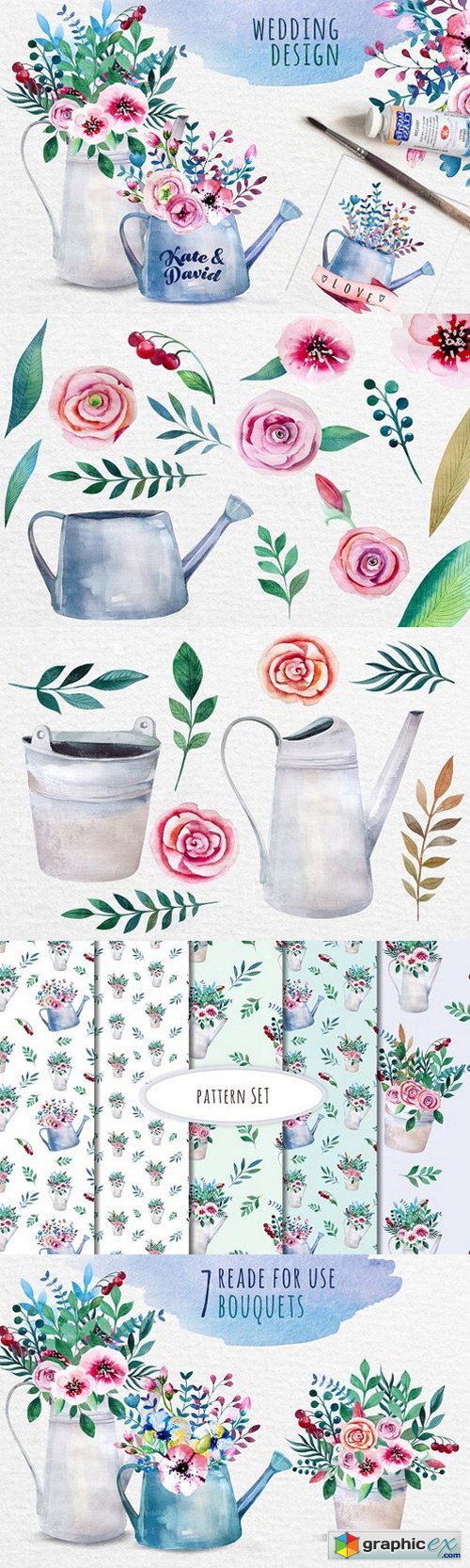 Watercolour bouquets in the pots
