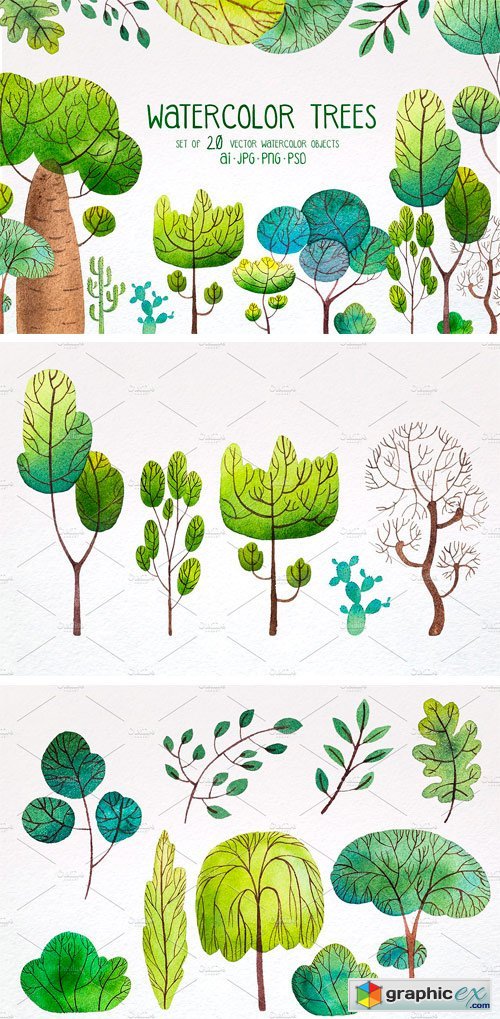 Watercolor Trees Set#2