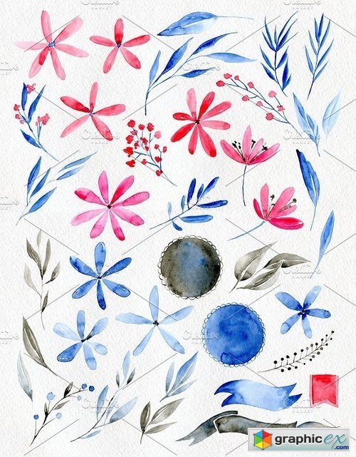 Watercolor flowers: blue, red, brown