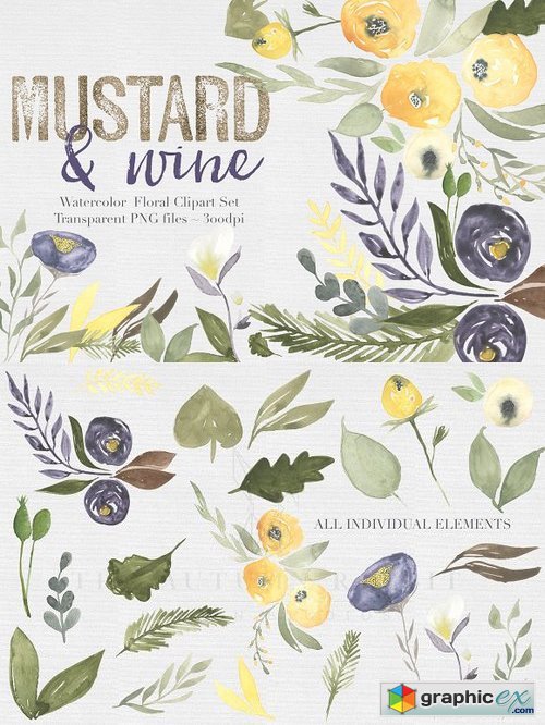 Mustard & wine Floral Clipart Set