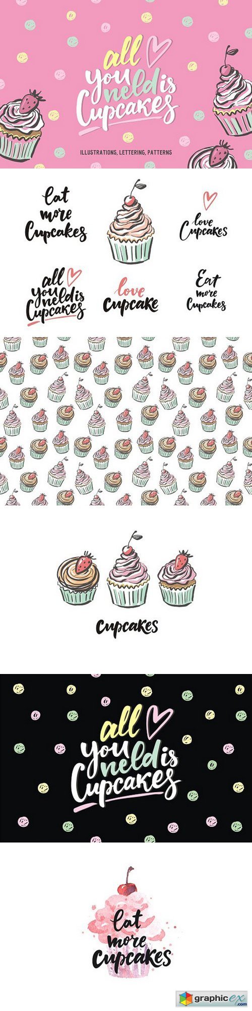 Cupcake pattern, lettering, cards
