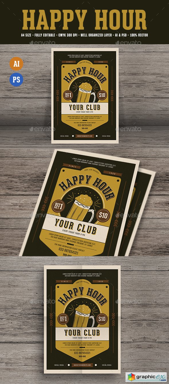 Vintage Happy Hour Beer Promotion Flyer