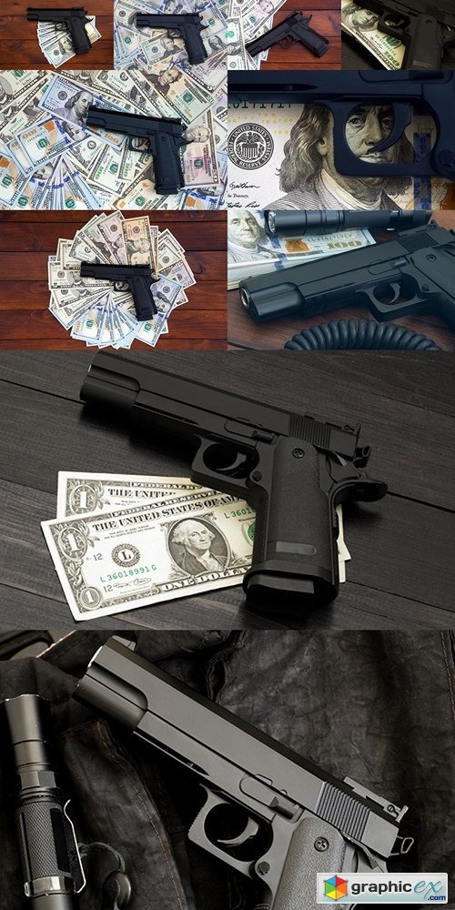 Black gun on banknotes. Concept of armed criminal offenses