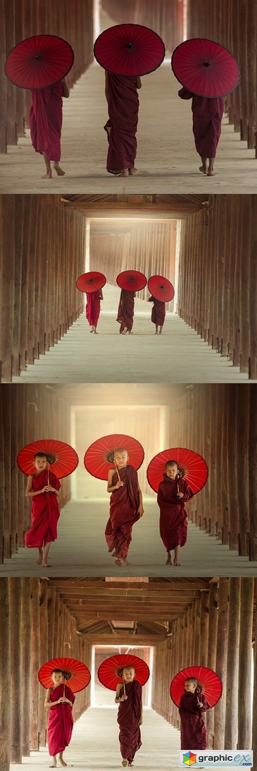 Burmaese Three novice monks walking