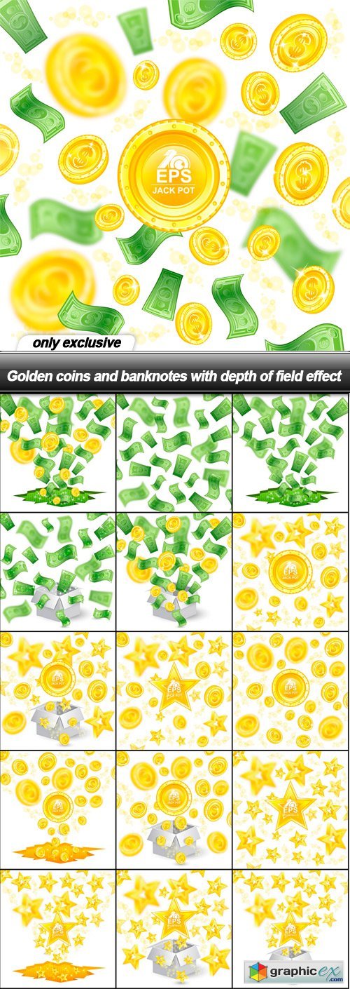 Golden coins and banknotes with depth of field effect - 16 EPS