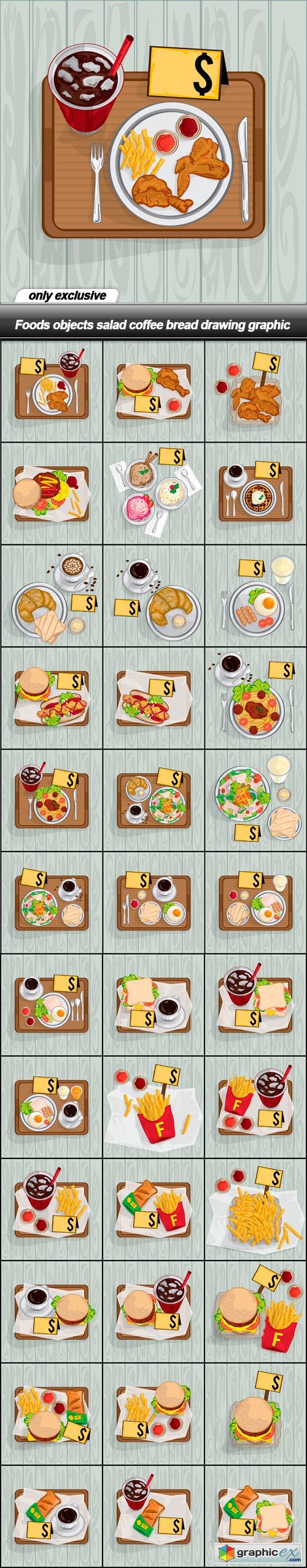 Foods objects salad coffee bread drawing graphic - 37 EPS