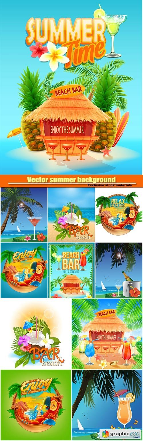 Summer background with palm trees and exotic cocktails