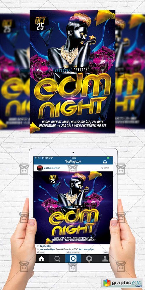 Edm Night - Flyer Template + Instagram Size Flyer