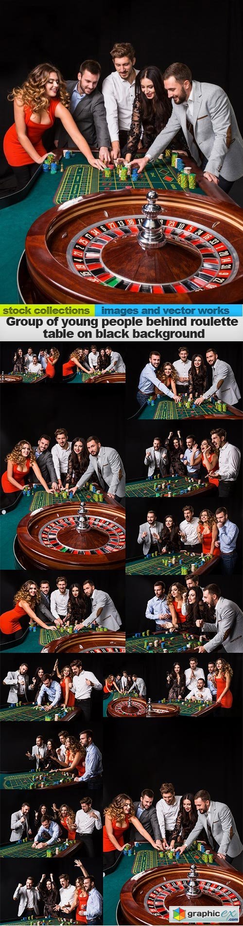 Group of young people behind roulette table on black background, 15 x UHQ JPEG