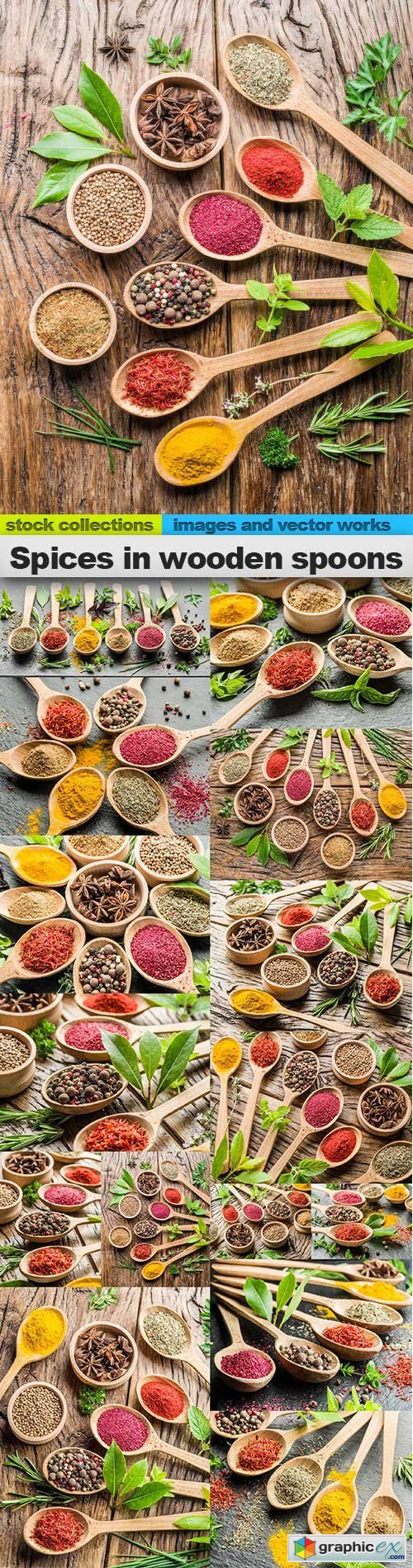 Spices in wooden spoons, 15 x UHQ JPEG