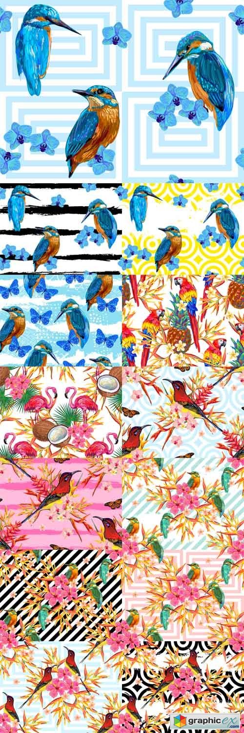 Seamless Summer Tropical Pattern with Birds