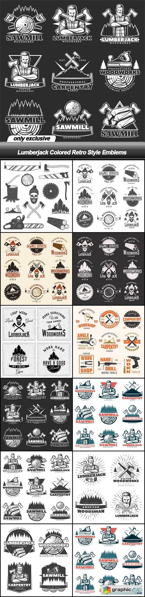 Lumberjack Colored Retro Style Emblems - 12 EPS