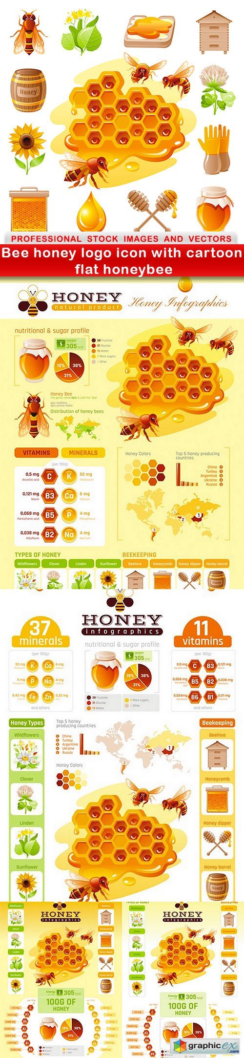 Bee honey logo icon with cartoon flat honeybee - 5 EPS