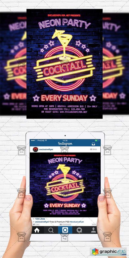 Neon Cocktail Party - Flyer Template + Instagram Size Flyer
