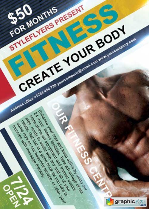 Fitness. Create Your Body V11 PSD Flyer Template with Facebook Cover