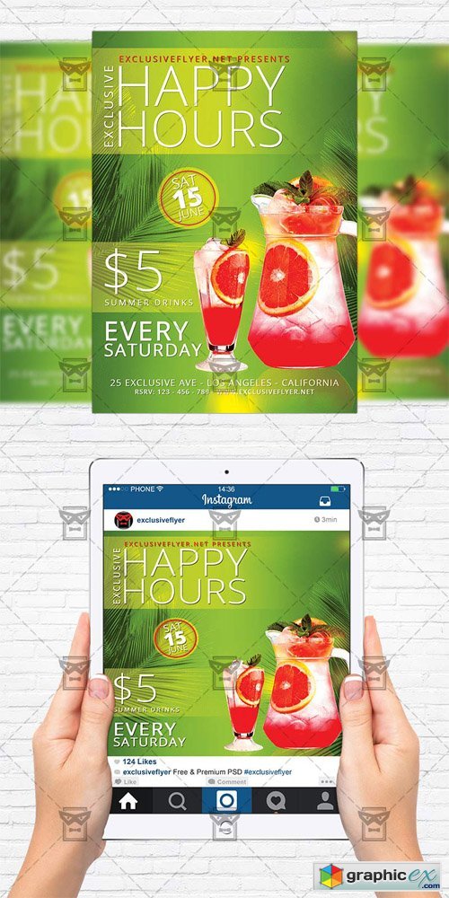 Exclusive Happy Hours - Flyer Template + Instagram Size Flyer