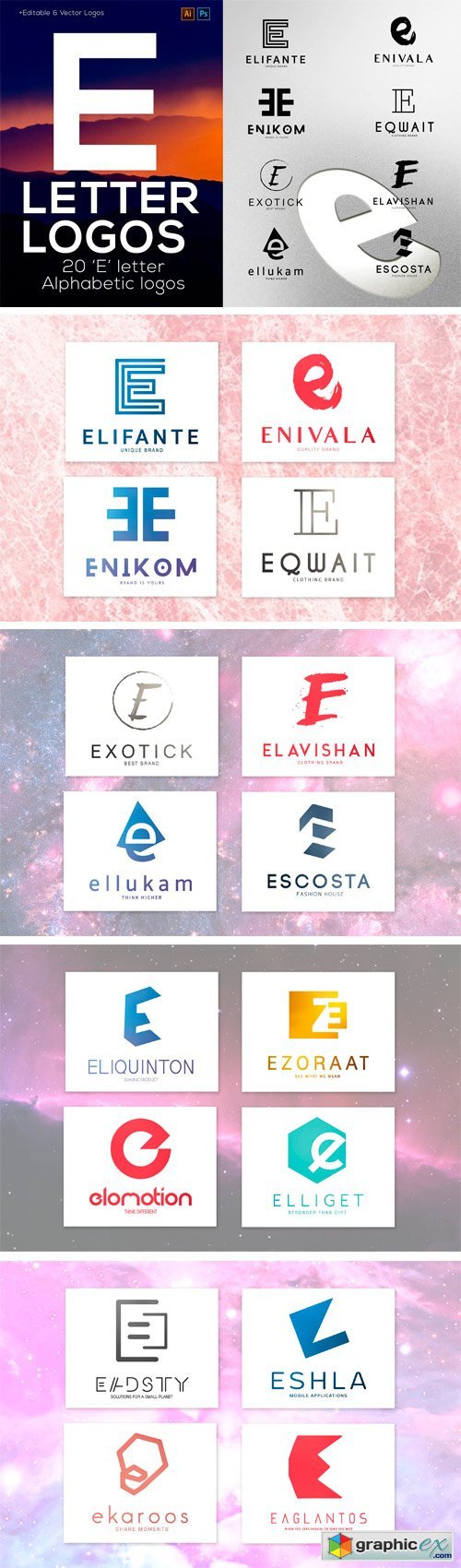 20 "E" Letter Alphabetic Logos