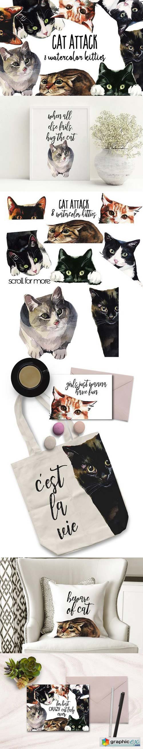 Cat Attack Watercolor PNG Collection