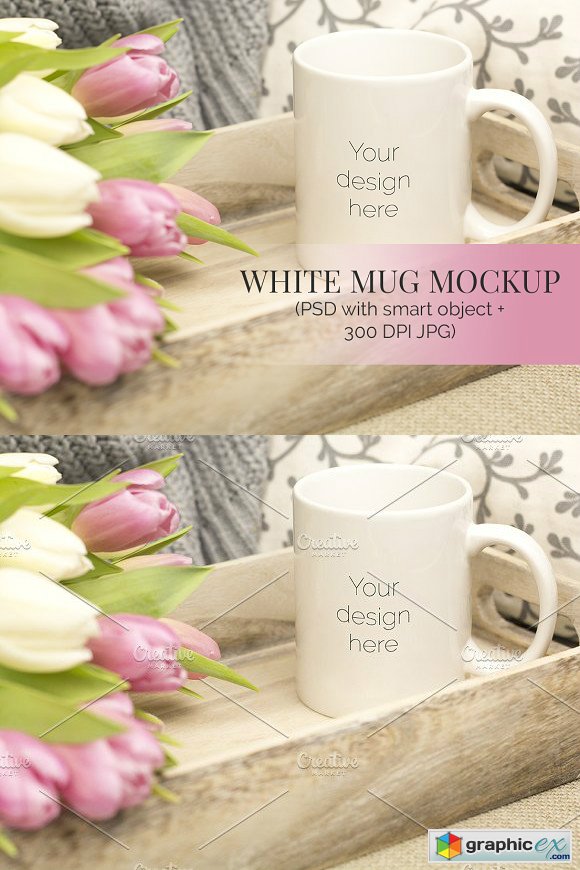 White Mug w Tulips on Tray Mockup