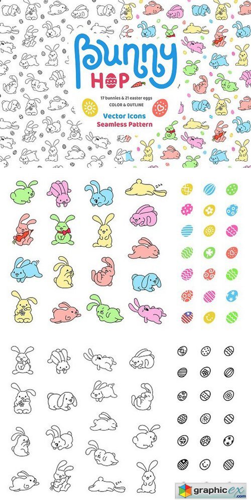Bunny Hop Icons And Seamless Pattern