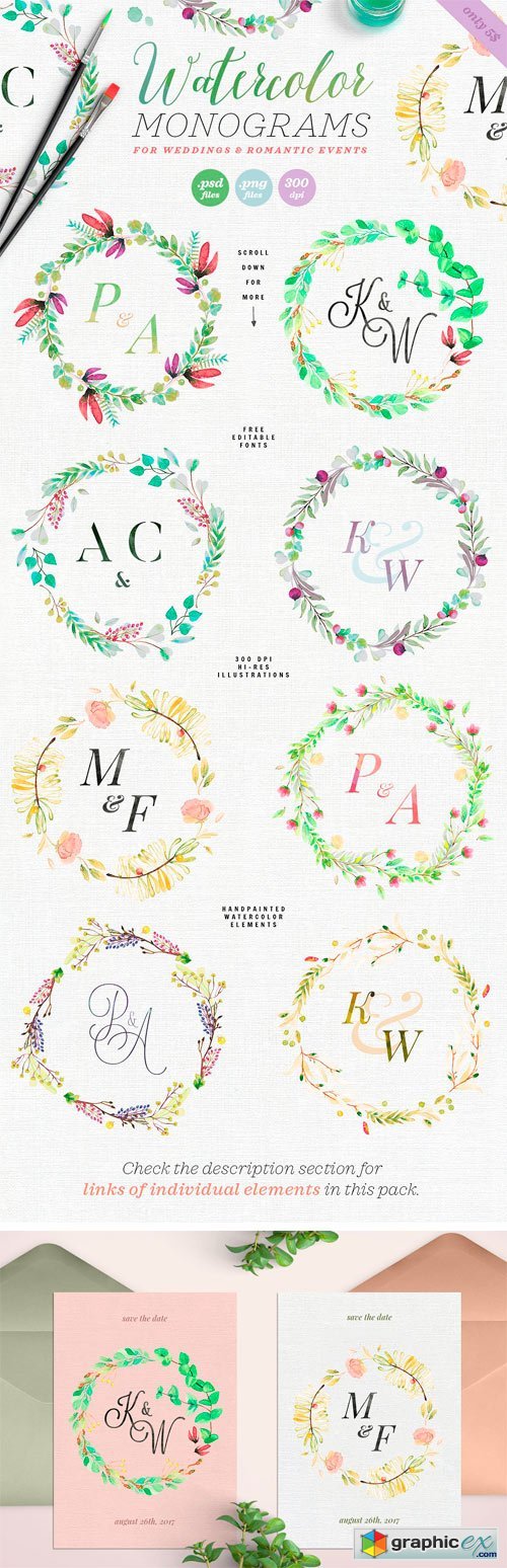 8 Watercolor Wedding Monograms II