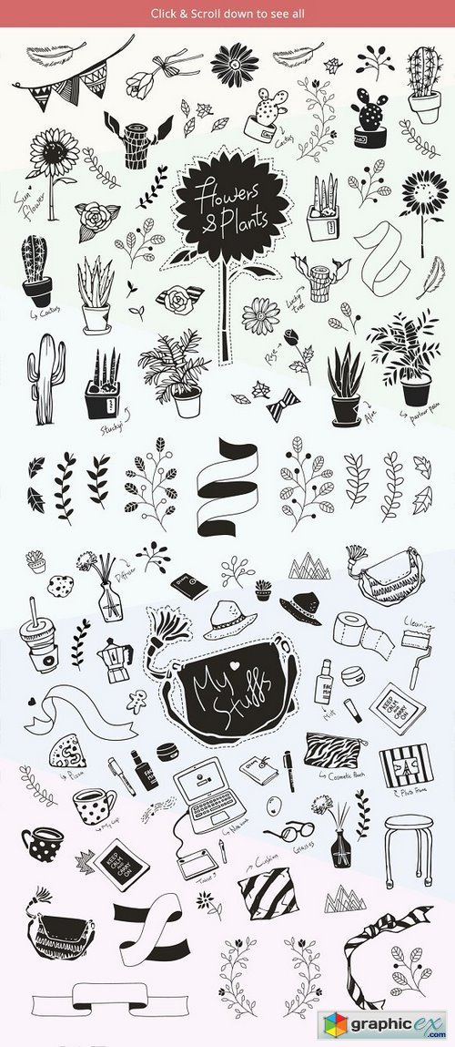100+ Hand drawn doodles + logo set