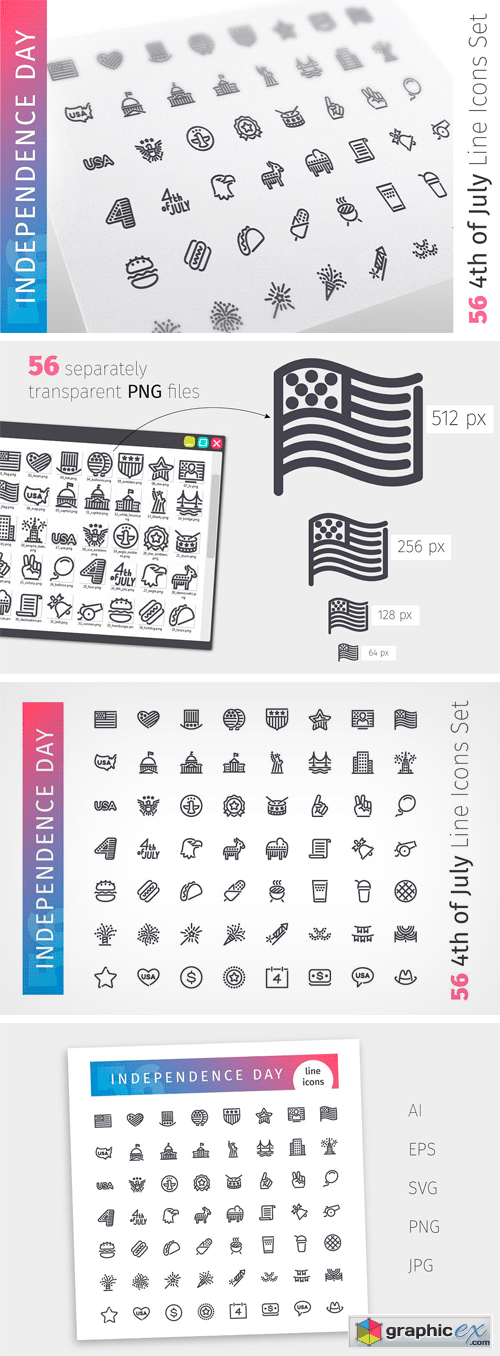 USA Independence Day Line Icons Set