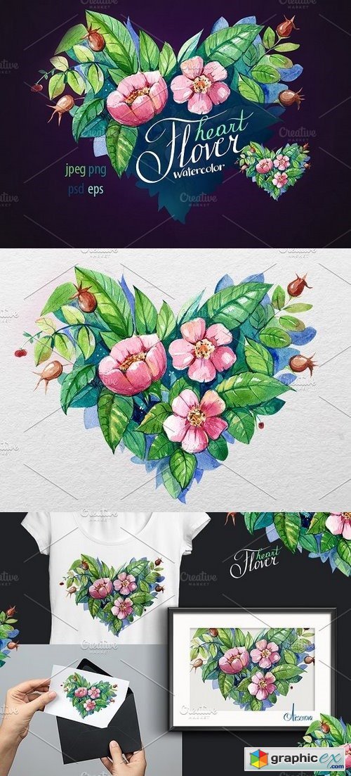 Watercolor flower heart