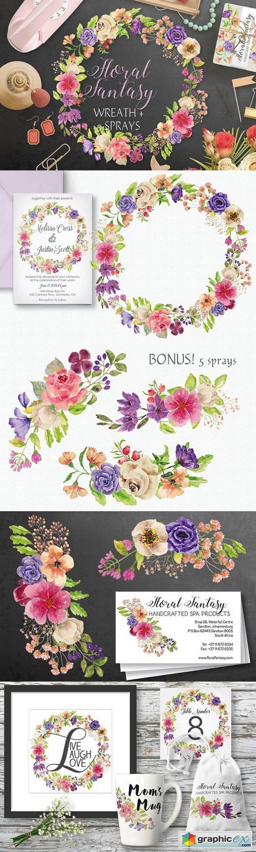 Watercolor wreath of mixed florals