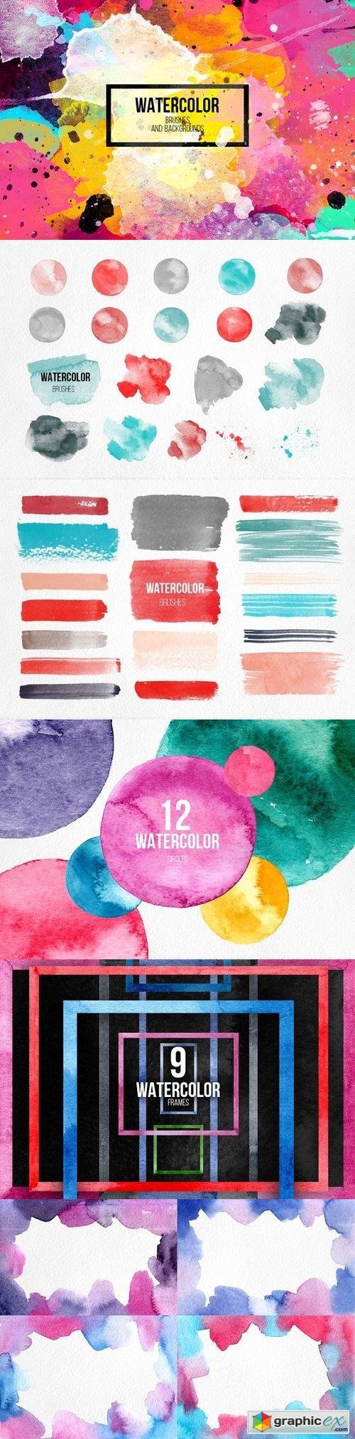 Watercolor brushes+design elements
