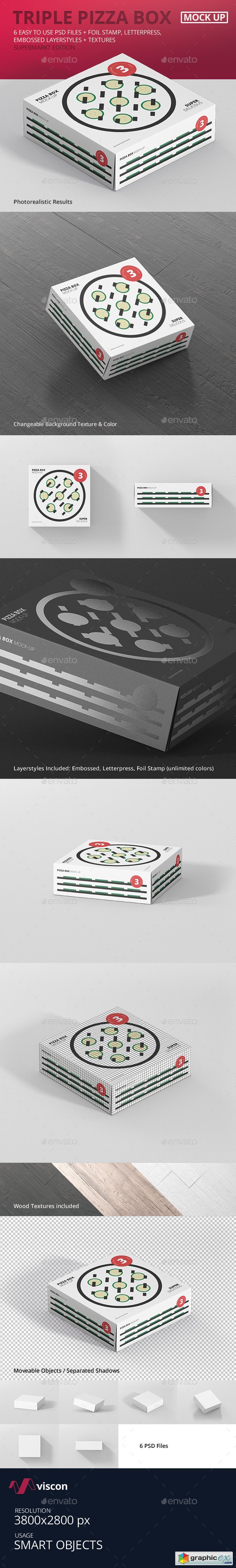 Pizza Box Mock-Up - Triple Pack Supermarket Edition