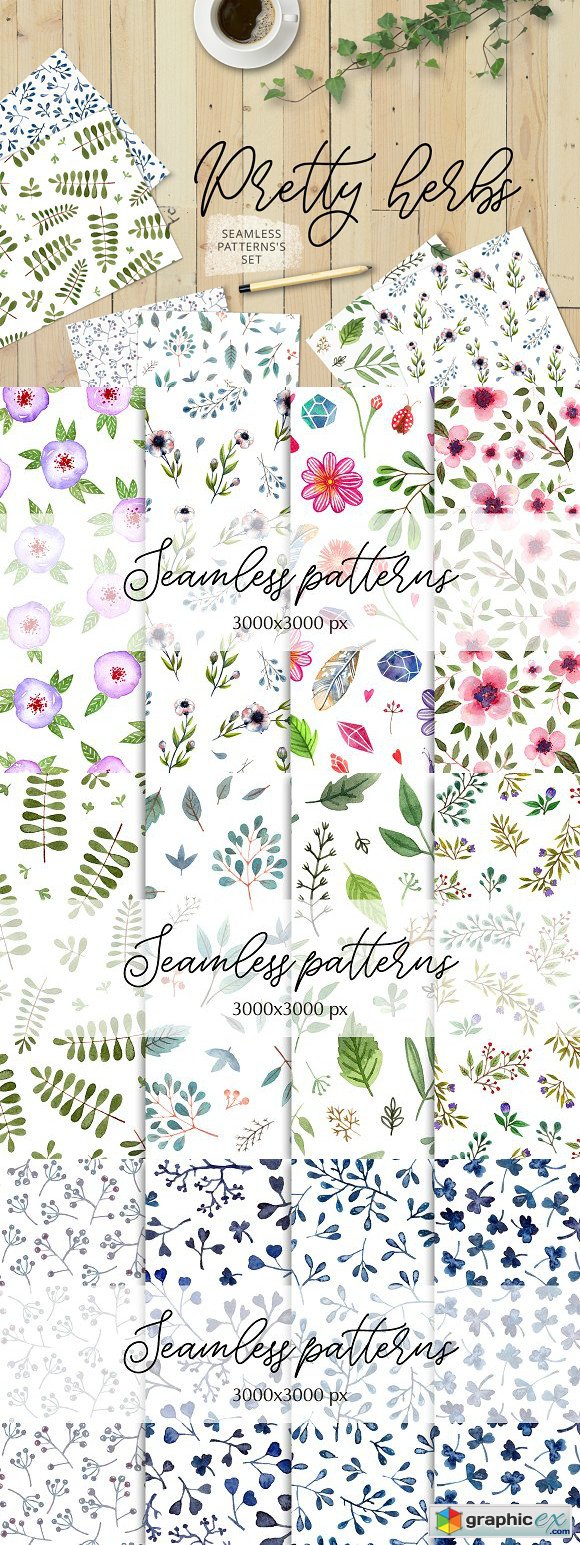 Pretty herbs Seamless patterns set