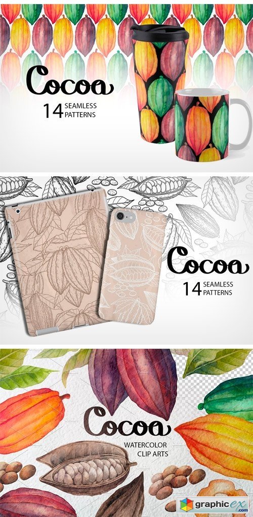 Watercolor and Graphic Cocoa Plants