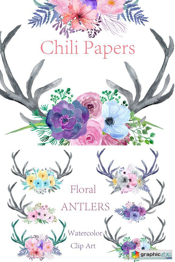 Watercolor floral antlers clipart