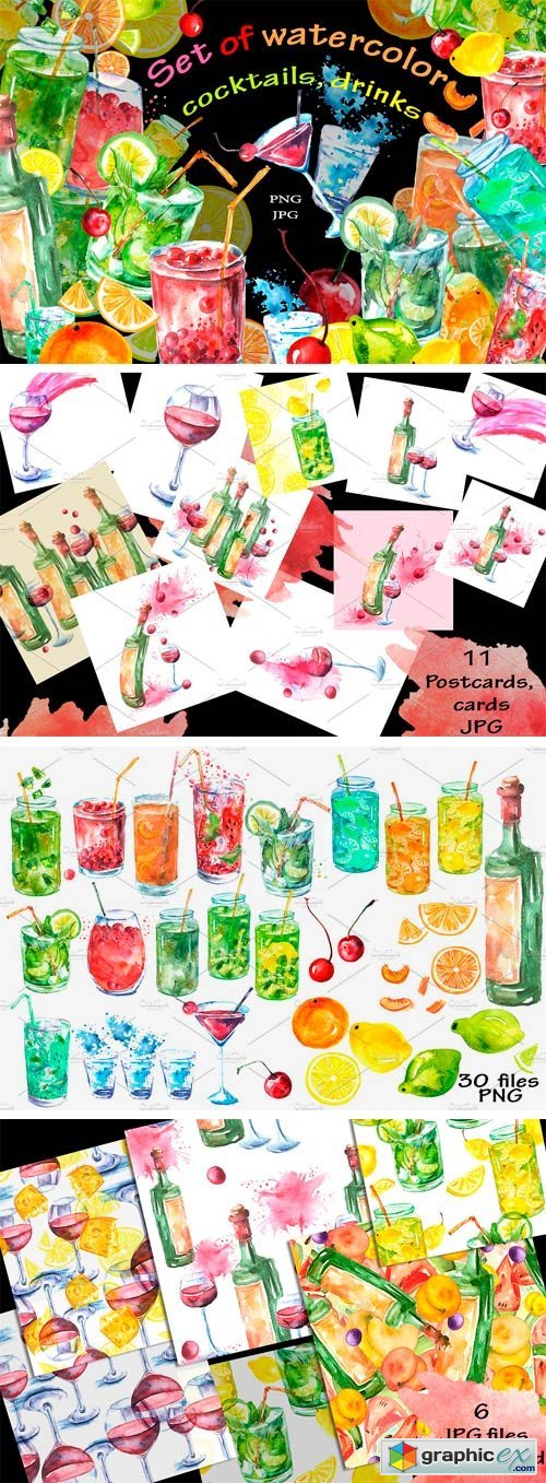Watercolor Set of Cocktail, Drinks