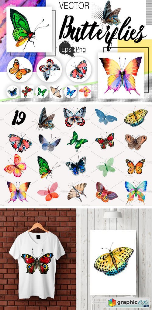Watercolor Butterflies, EPS and PNG